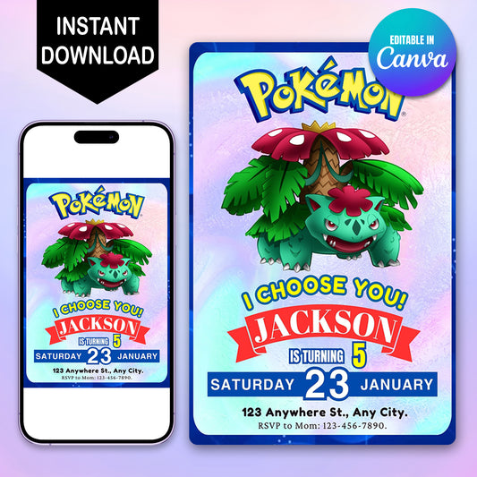 Venusaur Invitation Template | Pokemon Birthday Invite - CreativeRino