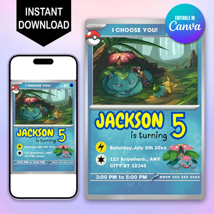 Venusaur Invitation Template | Pokemon Card Birthday Invite - CreativeRino