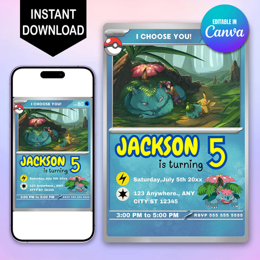 Venusaur Invitation Template | Pokemon Card Birthday Invite - CreativeRino