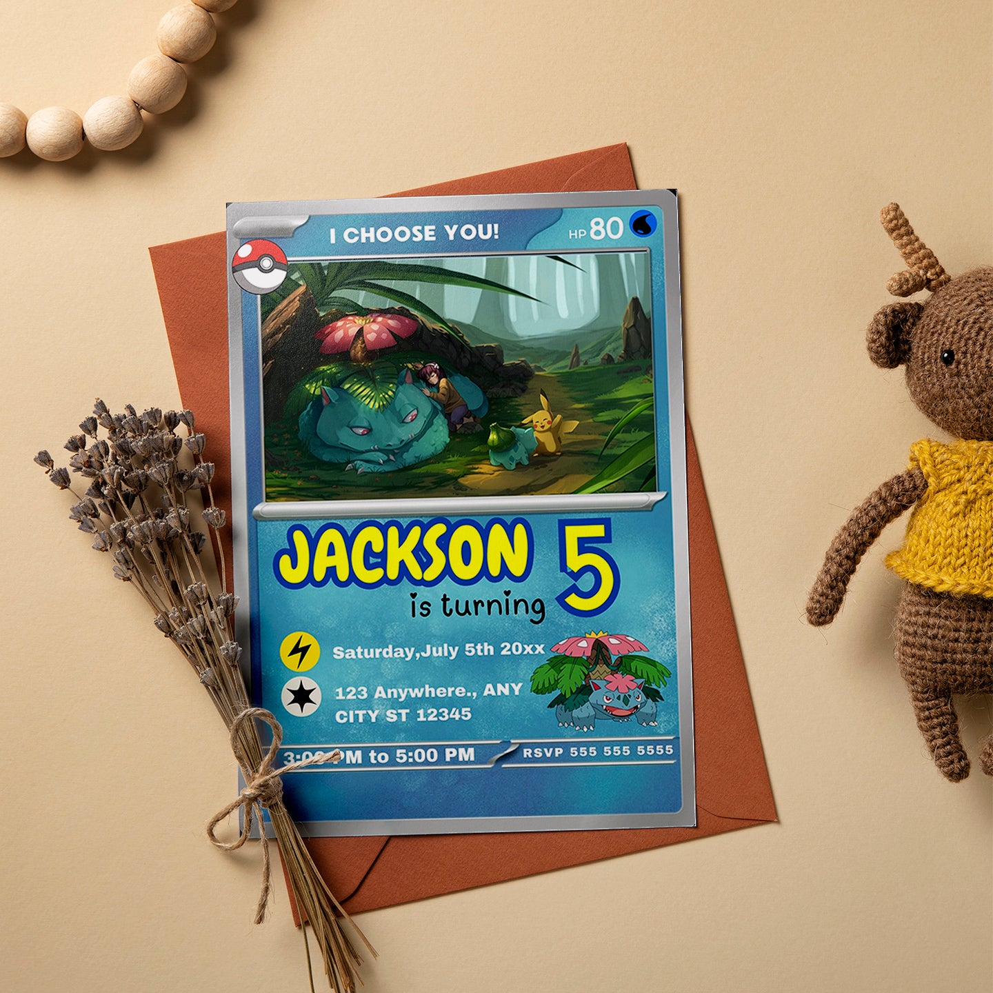 Venusaur Invitation Template | Pokemon Card Birthday Invite - CreativeRino