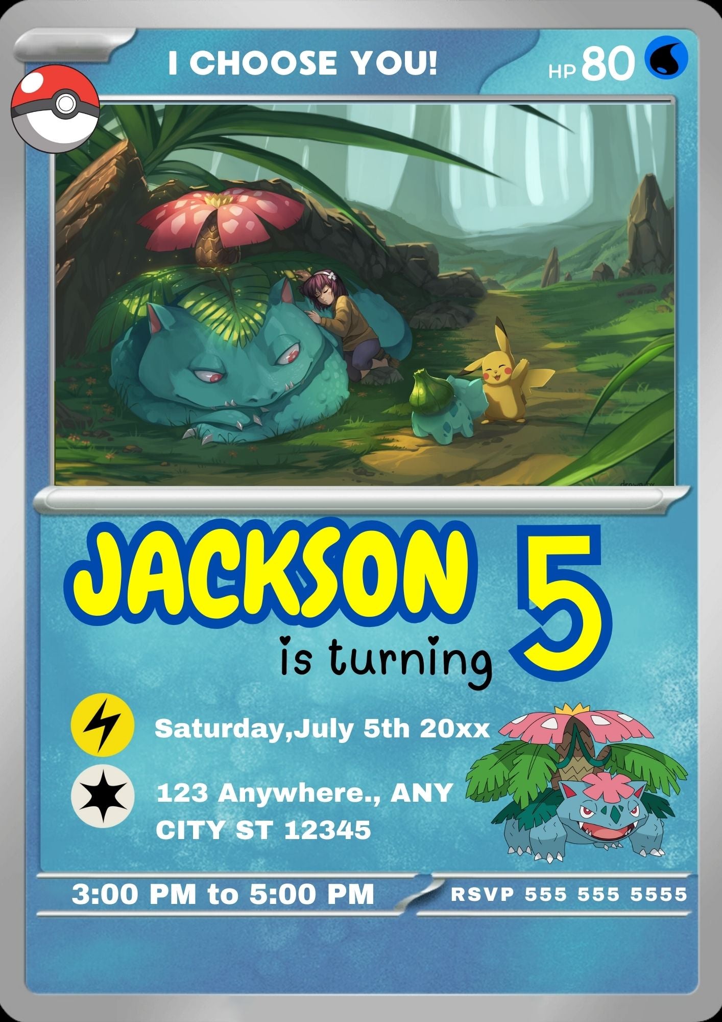 Venusaur Invitation Template | Pokemon Card Birthday Invite - CreativeRino