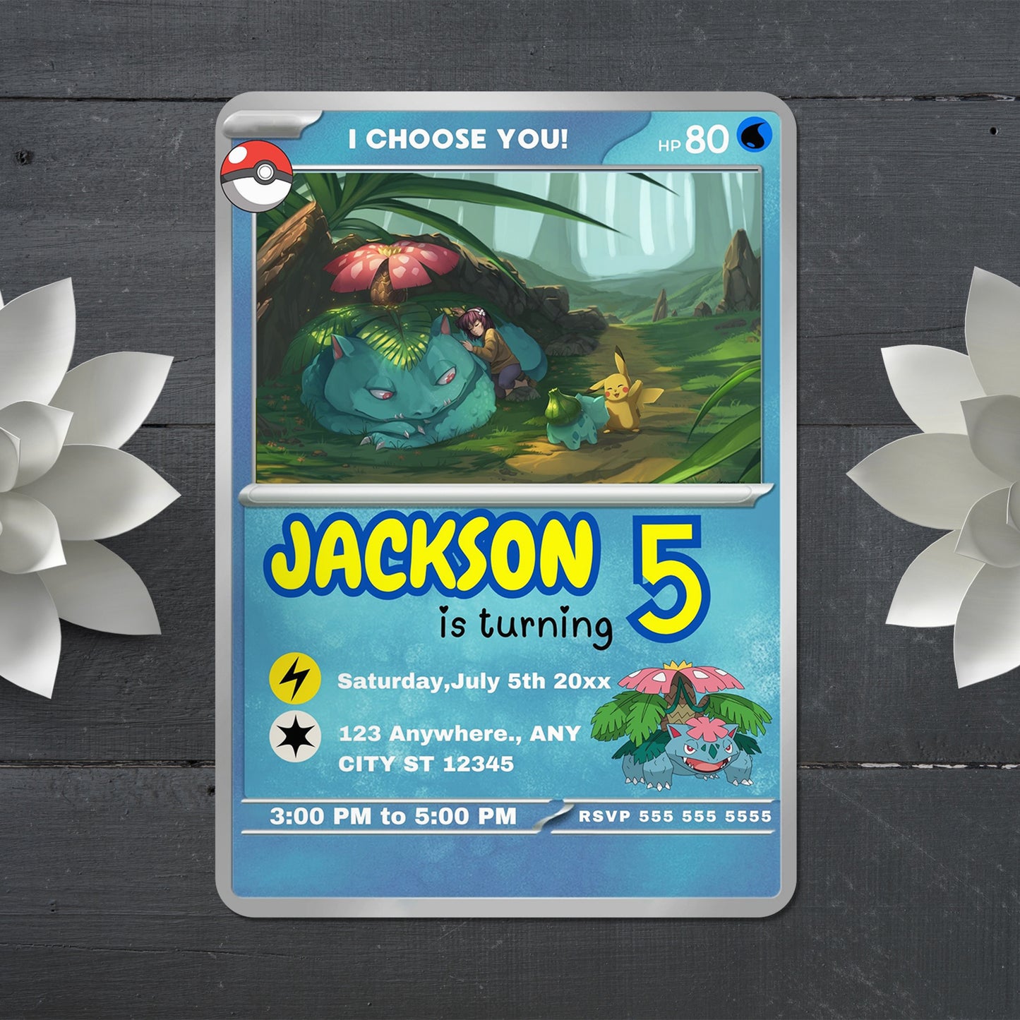Venusaur Invitation Template | Pokemon Card Birthday Invite - CreativeRino