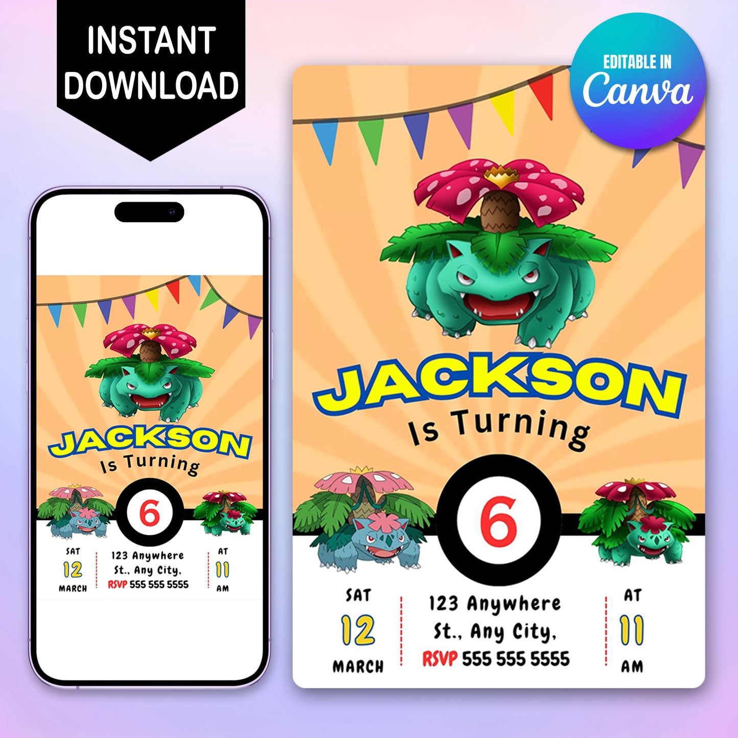 Venusaur Pokemon Birthday Party Invitation Template - CreativeRino