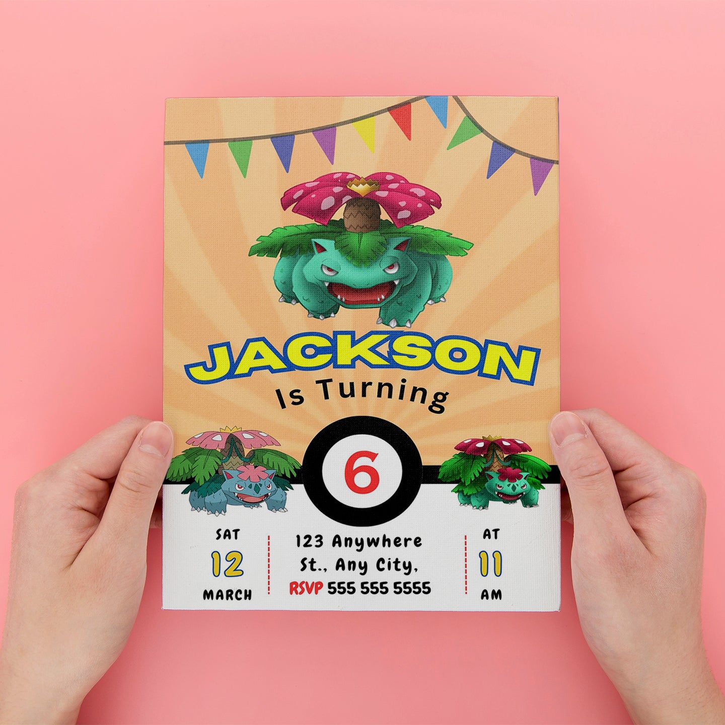 Venusaur Pokemon Birthday Party Invitation Template - CreativeRino