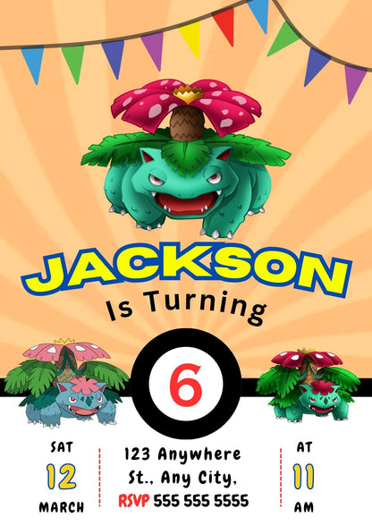 Venusaur Pokemon Birthday Party Invitation Template - CreativeRino