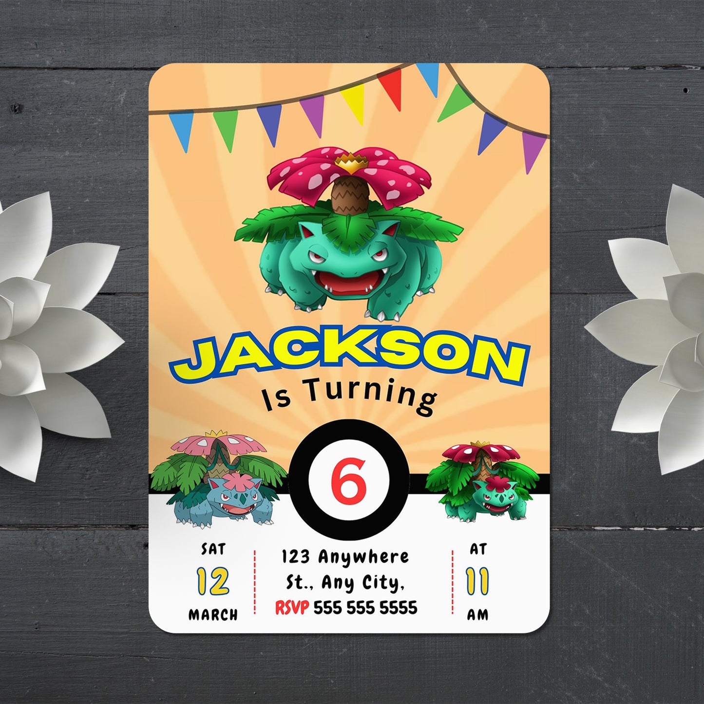 Venusaur Pokemon Birthday Party Invitation Template - CreativeRino