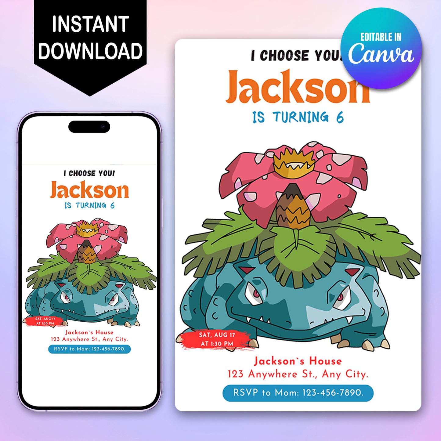 Venusaur Birthday Party Invitation Template | Pokemon Invite - CreativeRino