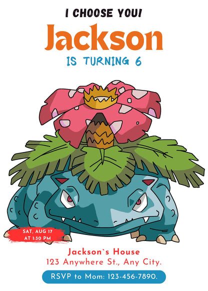 Venusaur Birthday Party Invitation Template | Pokemon Invite - CreativeRino