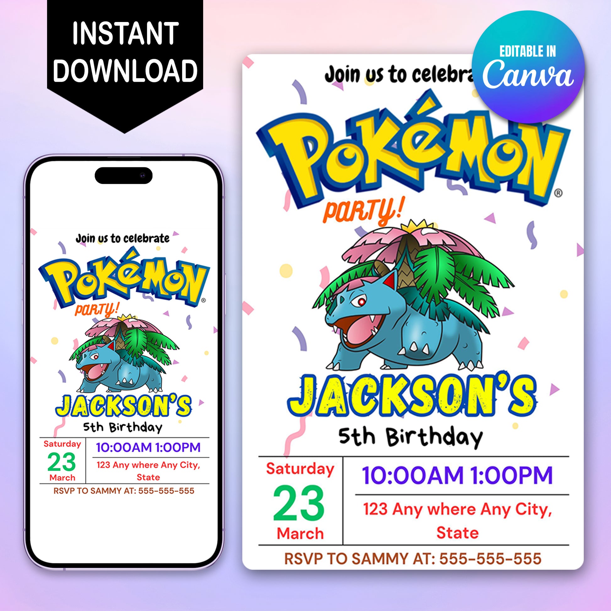 Venusaur Birthday Invitation Template | Pokemon Invite - CreativeRino