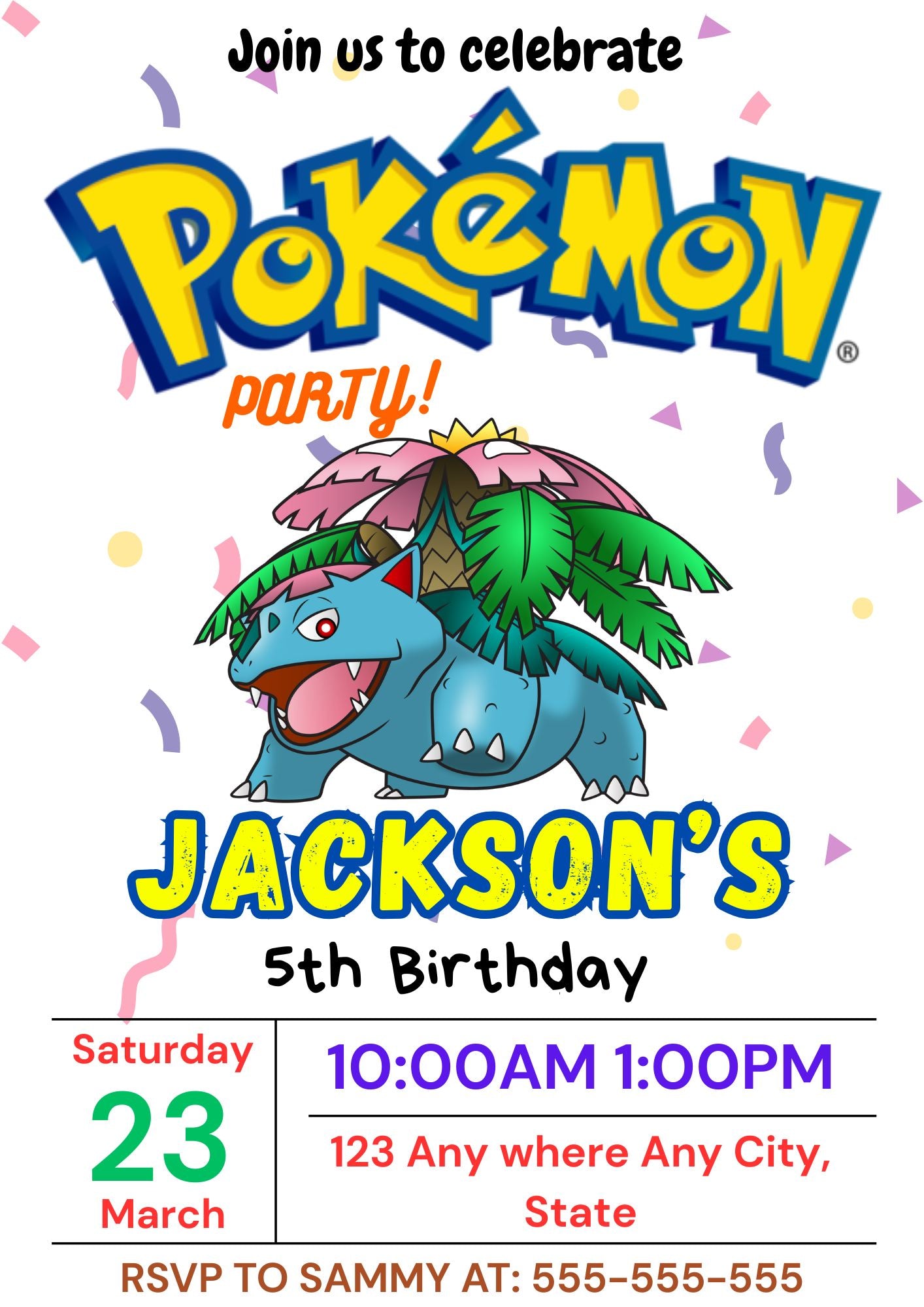 Venusaur Birthday Invitation Template | Pokemon Invite - CreativeRino
