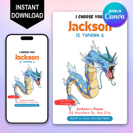 Gyarados Birthday Party Invitation Template | Pokemon Invite - CreativeRino