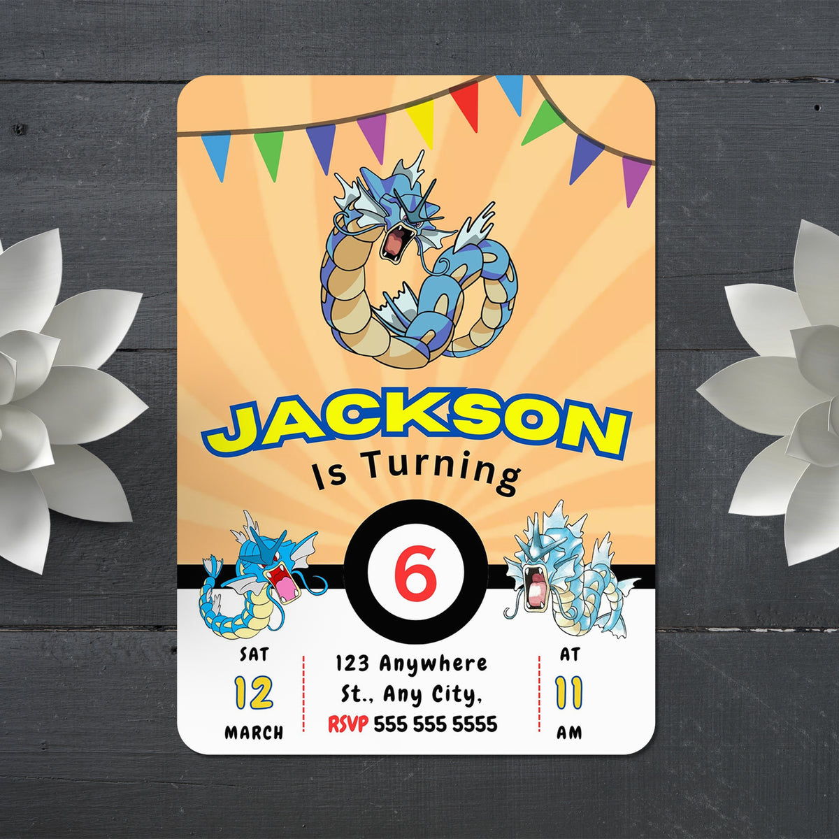 Gyarados Pokemon Birthday Party Invitation Template - CreativeRino
