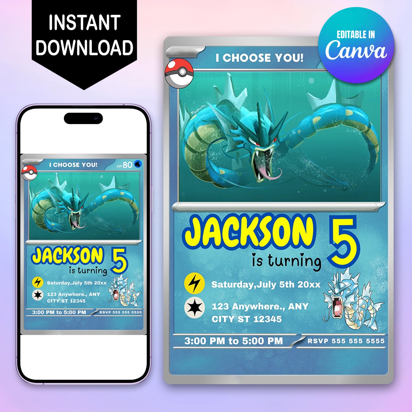 Gyarados Invitation Template | Pokemon Card Birthday Invite - CreativeRino