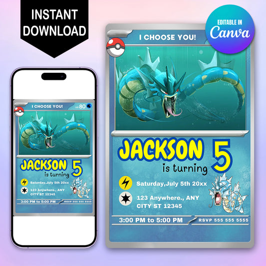 Gyarados Invitation Template | Pokemon Card Birthday Invite - CreativeRino