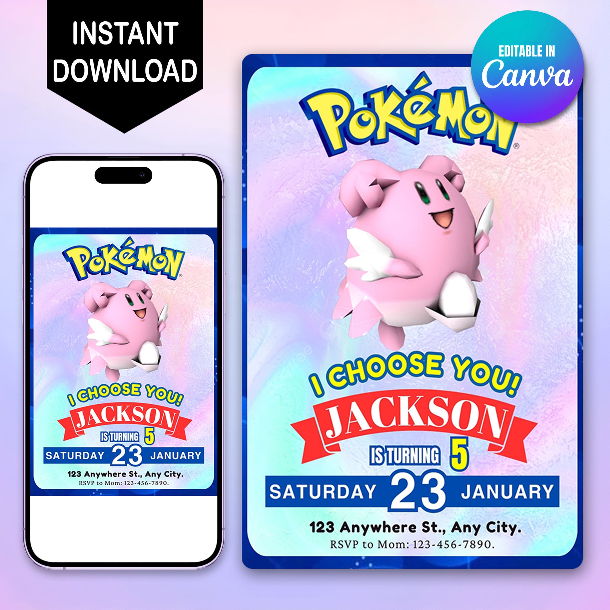 Blissey Invitation Template | Pokemon Birthday Invite - CreativeRino