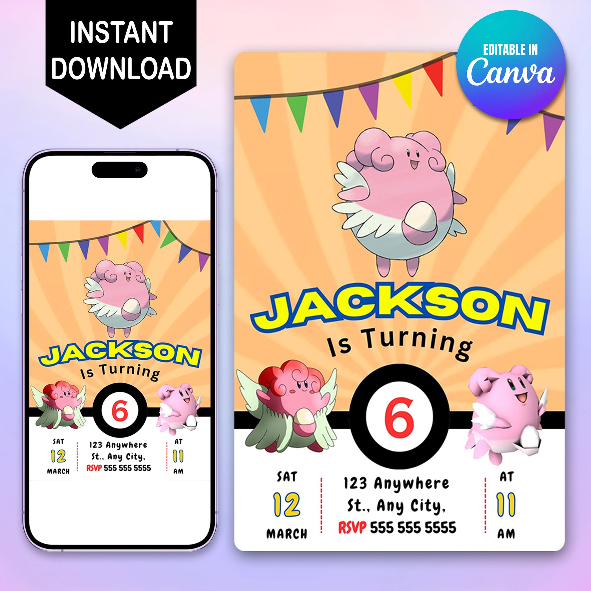 Blissey Pokemon Birthday Party Invitation Template - CreativeRino