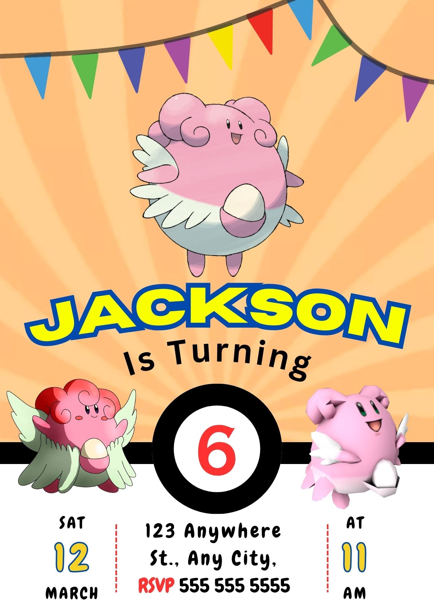 Blissey Pokemon Birthday Party Invitation Template - CreativeRino