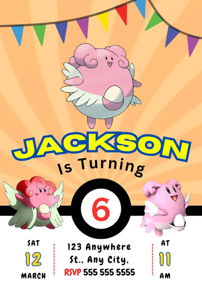 Blissey Pokemon Birthday Party Invitation Template - CreativeRino