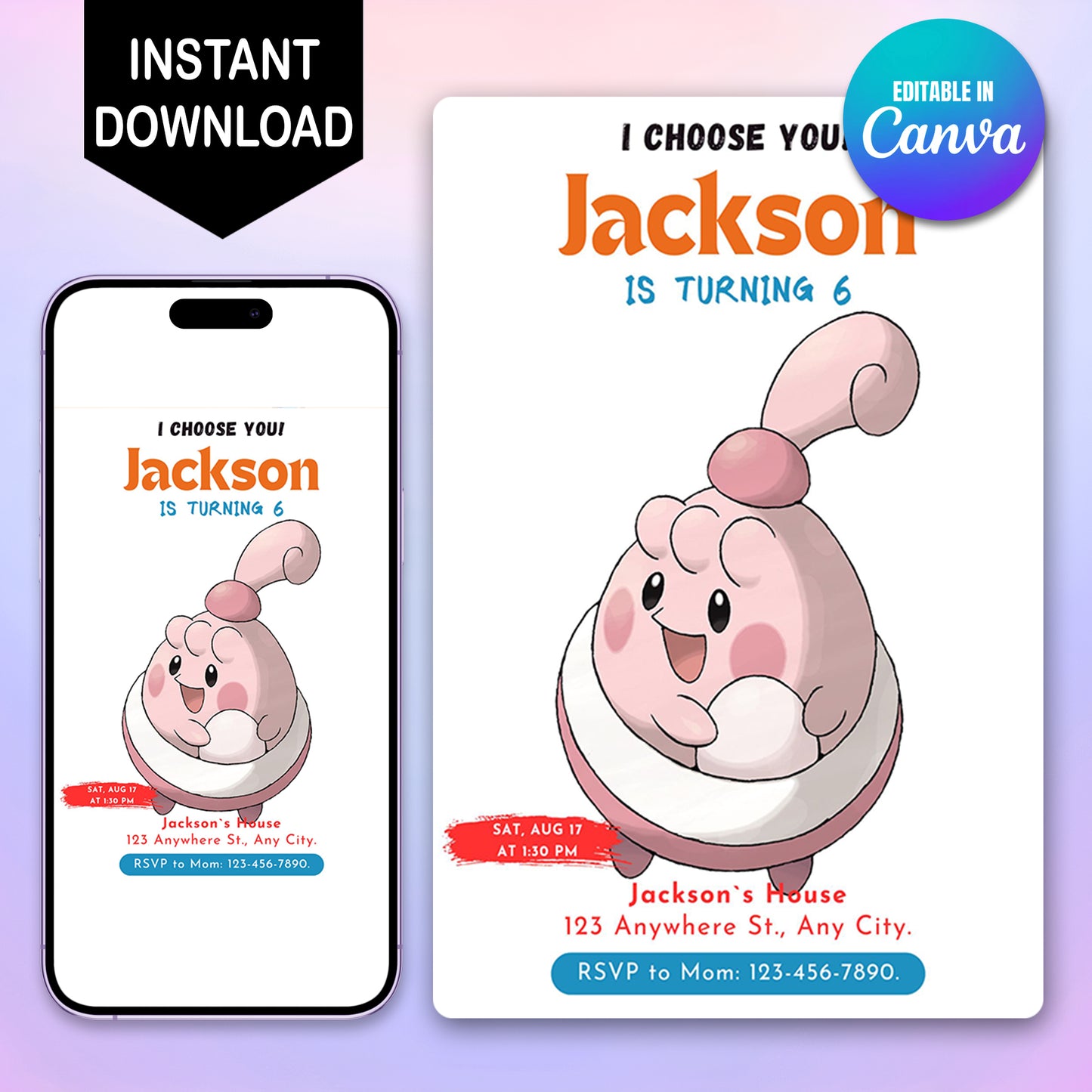 Blissey Birthday Party Invitation Template | Pokemon Invite - CreativeRino