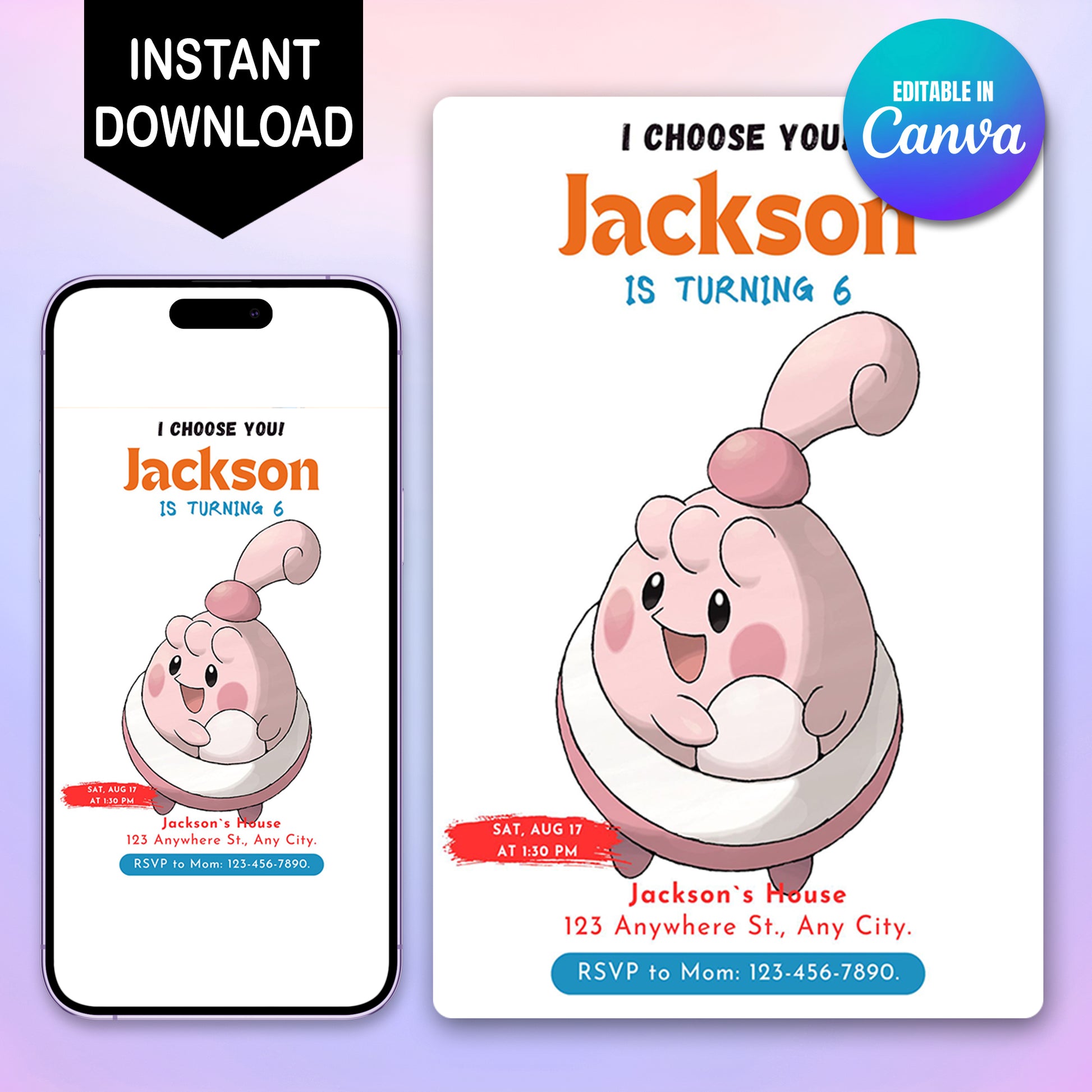 Blissey Birthday Party Invitation Template | Pokemon Invite - CreativeRino