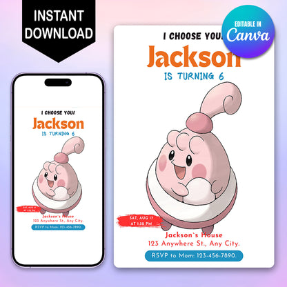 Blissey Birthday Party Invitation Template | Pokemon Invite - CreativeRino