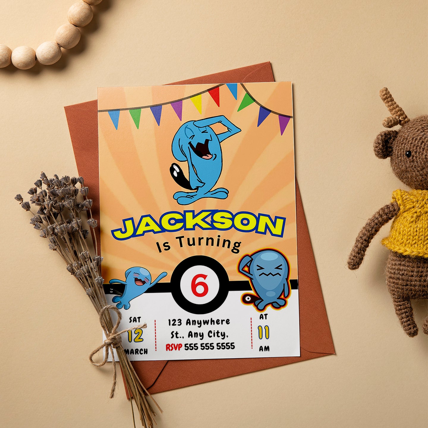 Wobbuffet Pokemon Birthday Party Invitation Template - CreativeRino