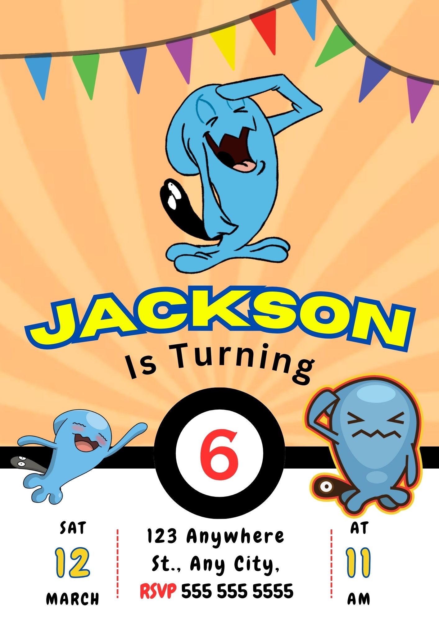 Wobbuffet Pokemon Birthday Party Invitation Template - CreativeRino
