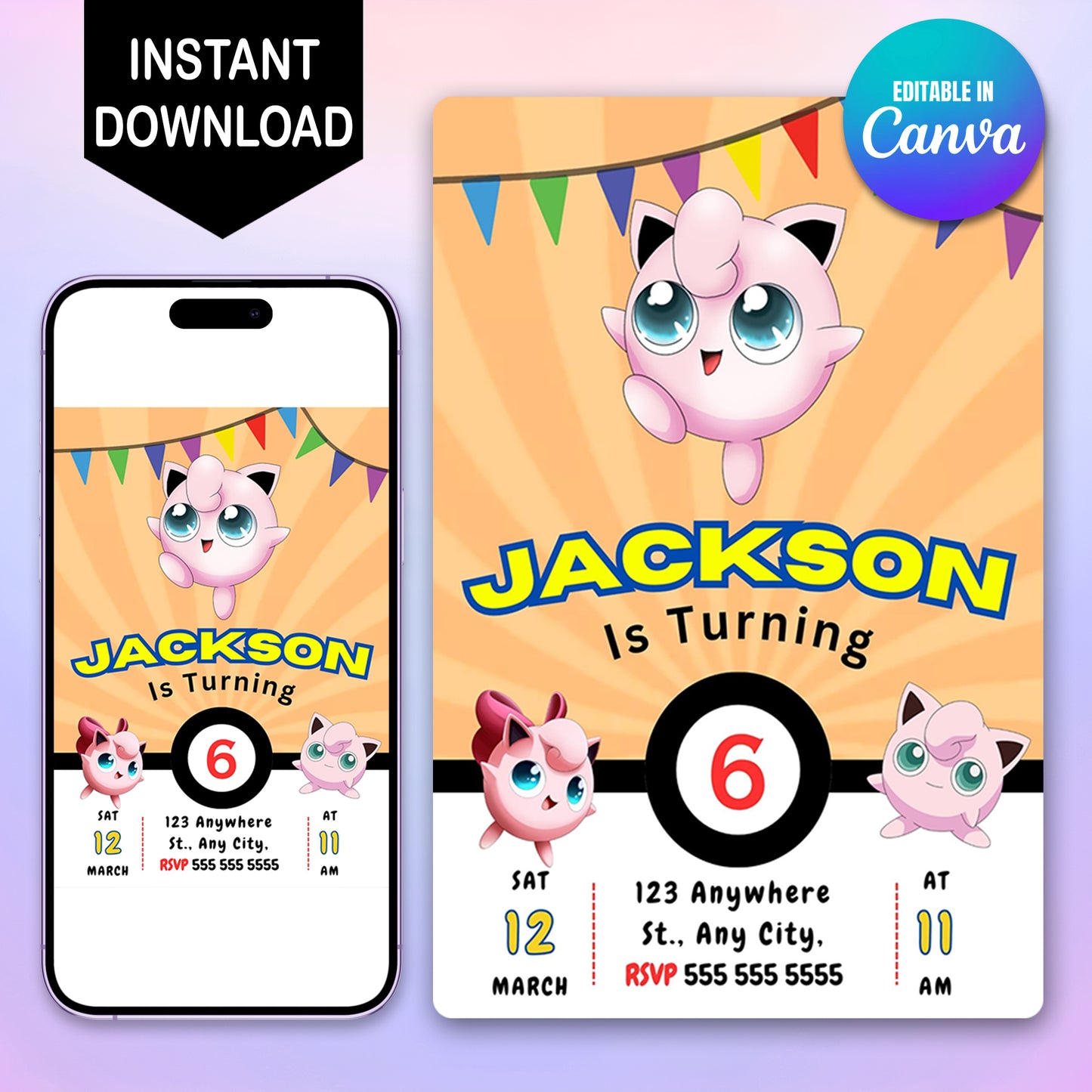Jigglypuff Pokemon Birthday Party Invitation Template - CreativeRino