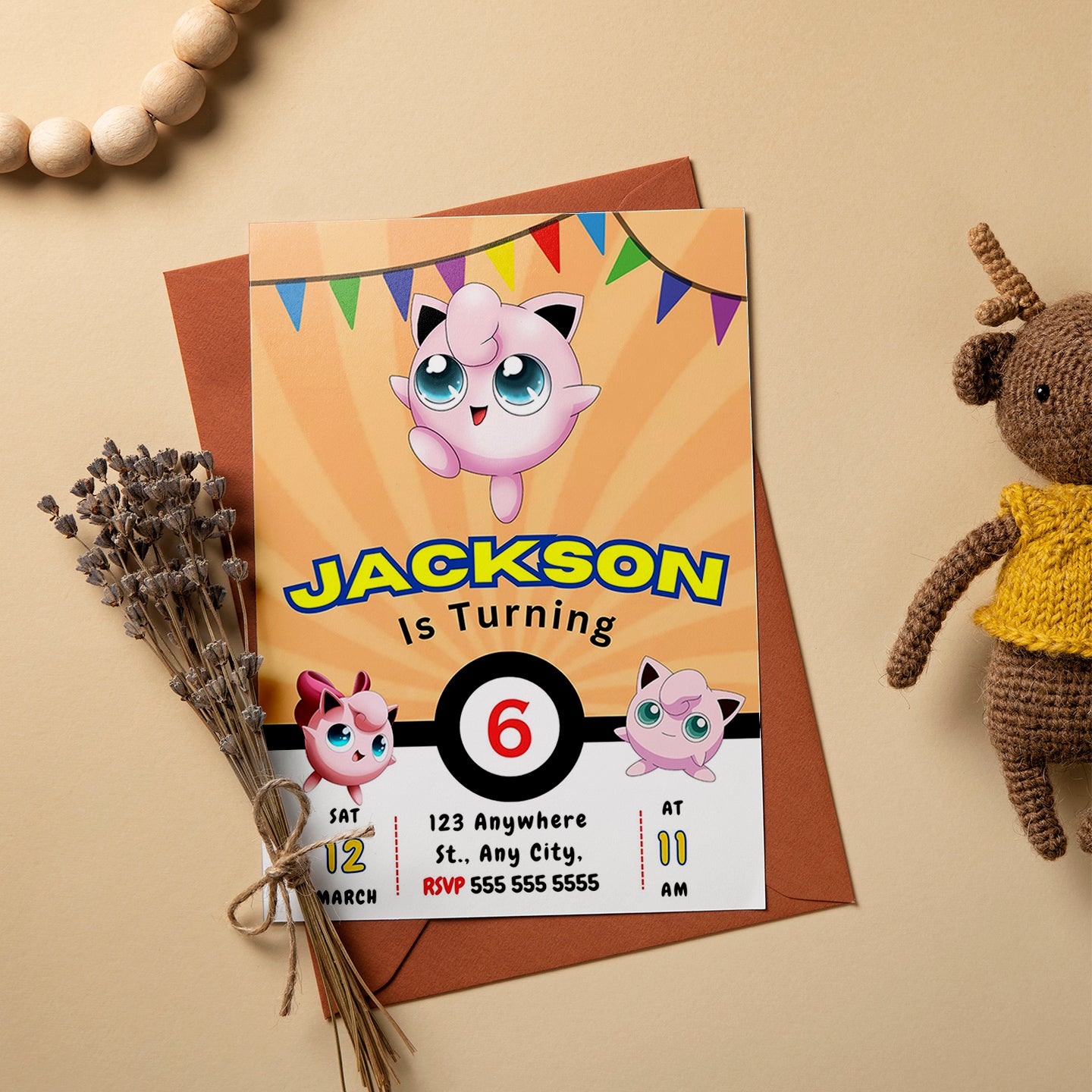 Jigglypuff Pokemon Birthday Party Invitation Template - CreativeRino