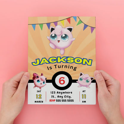 Jigglypuff Pokemon Birthday Party Invitation Template - CreativeRino