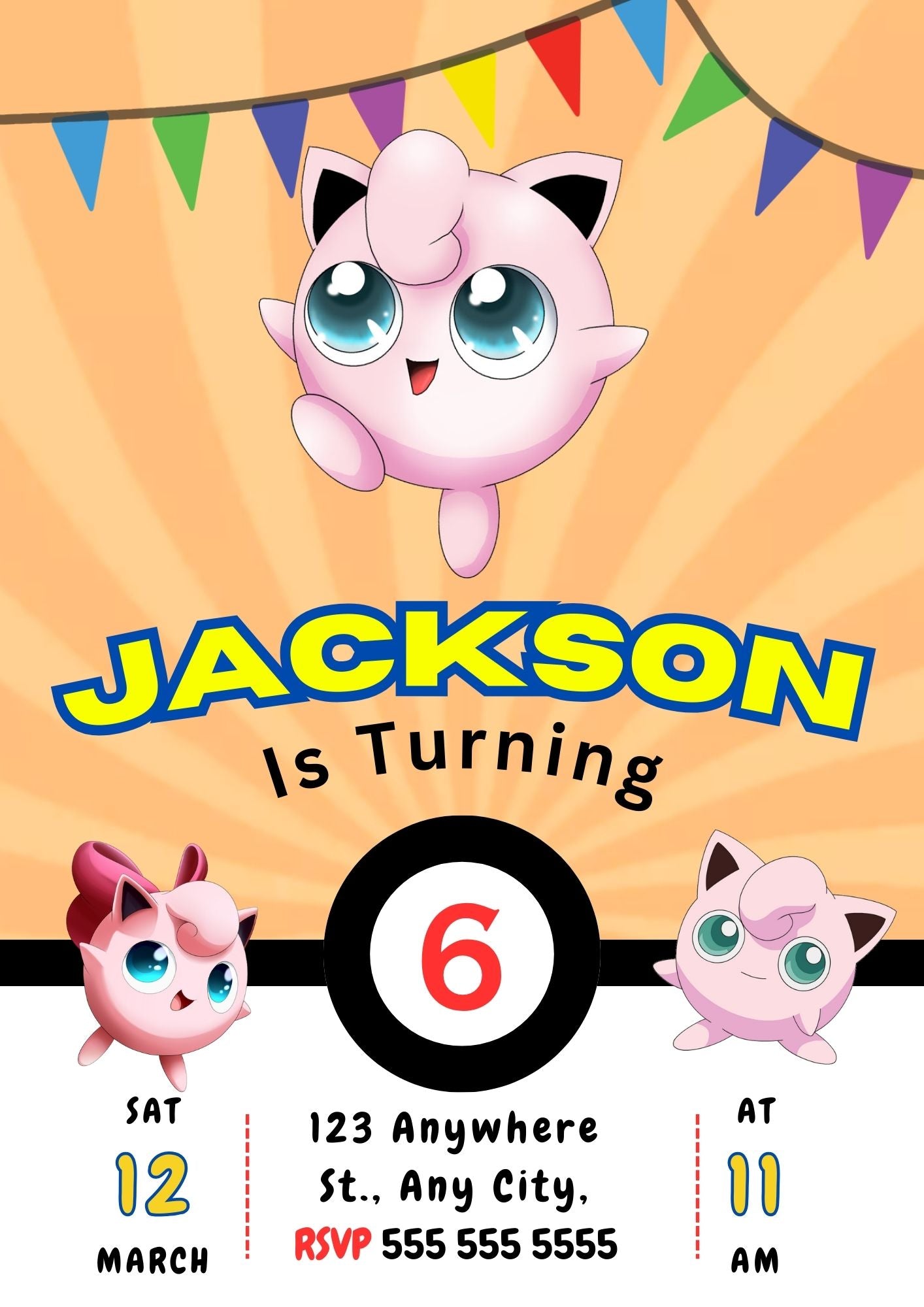 Jigglypuff Pokemon Birthday Party Invitation Template - CreativeRino