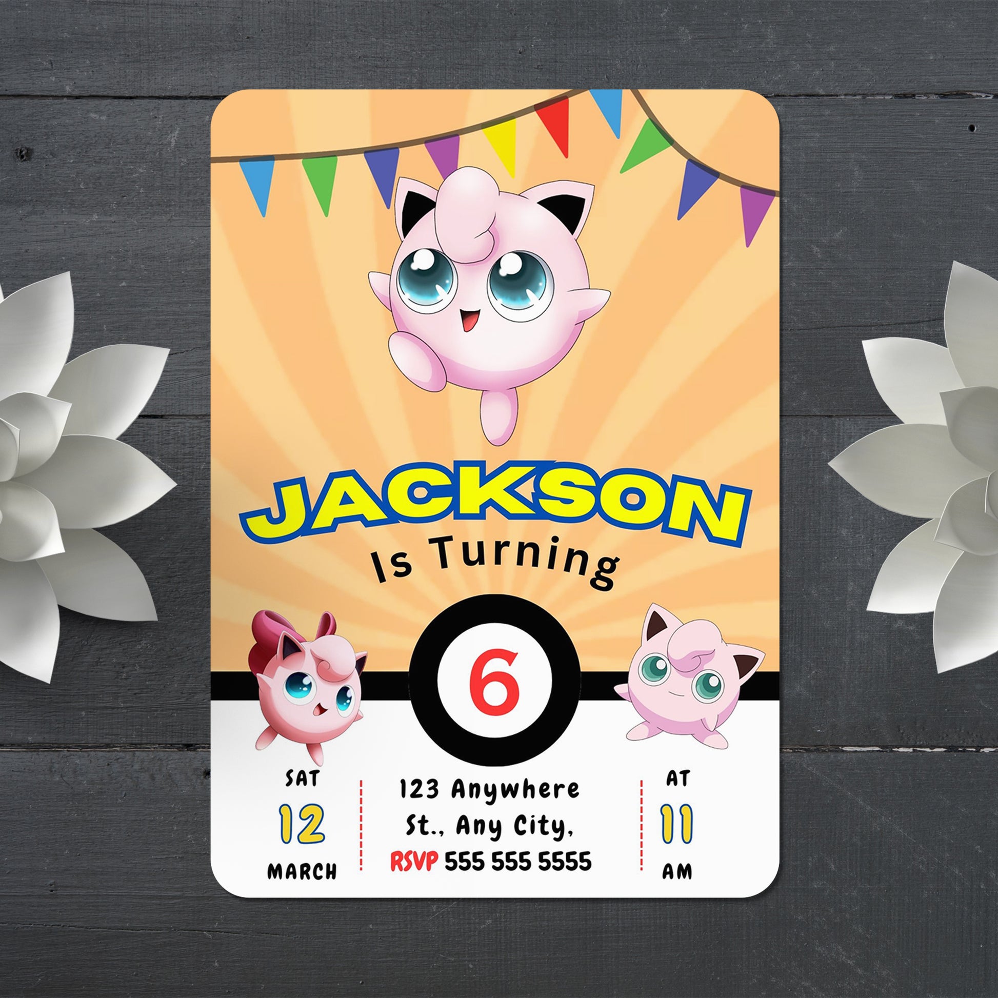 Jigglypuff Pokemon Birthday Party Invitation Template - CreativeRino