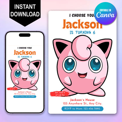Jigglypuff Birthday Party Invitation Template | Pokemon Invite - CreativeRino