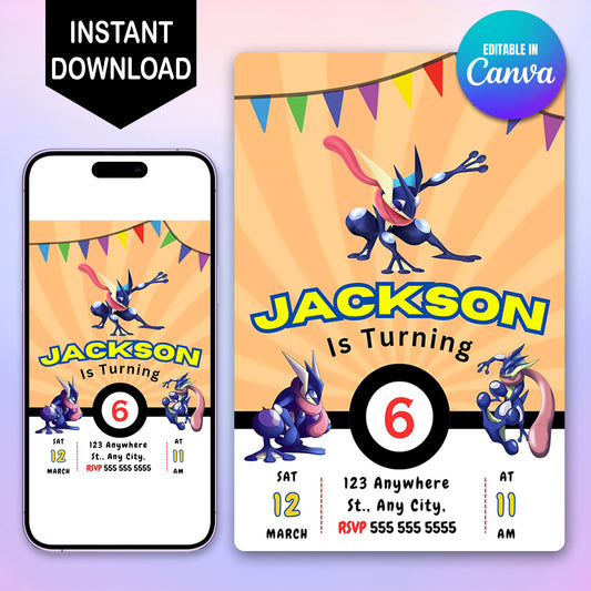 Greninja Pokemon Birthday Party Invitation Template - CreativeRino