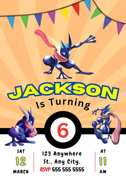 Greninja Pokemon Birthday Party Invitation Template - CreativeRino