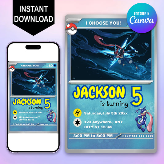 Greninja Invitation Template | Pokemon Card Birthday Invite - CreativeRino
