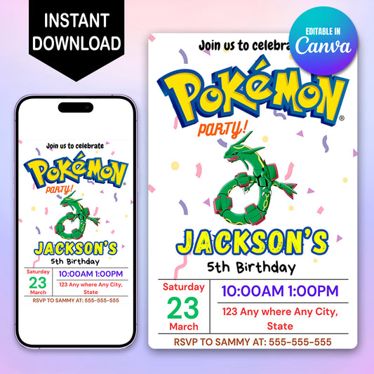 Rayquaza Birthday Invitation Template | Pokemon Invite - CreativeRino