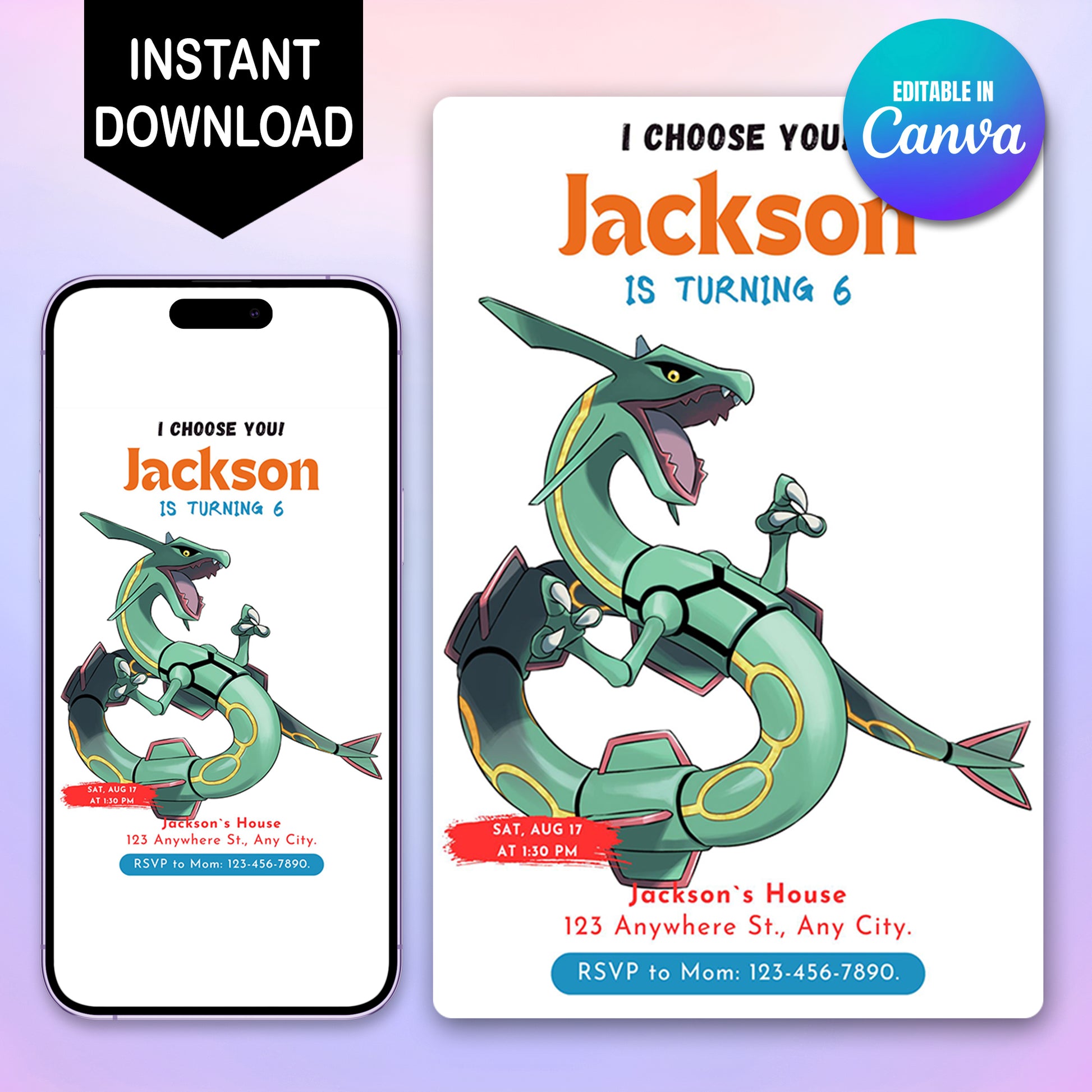 Rayquaza Birthday Party Invitation Template | Pokemon Invite - CreativeRino