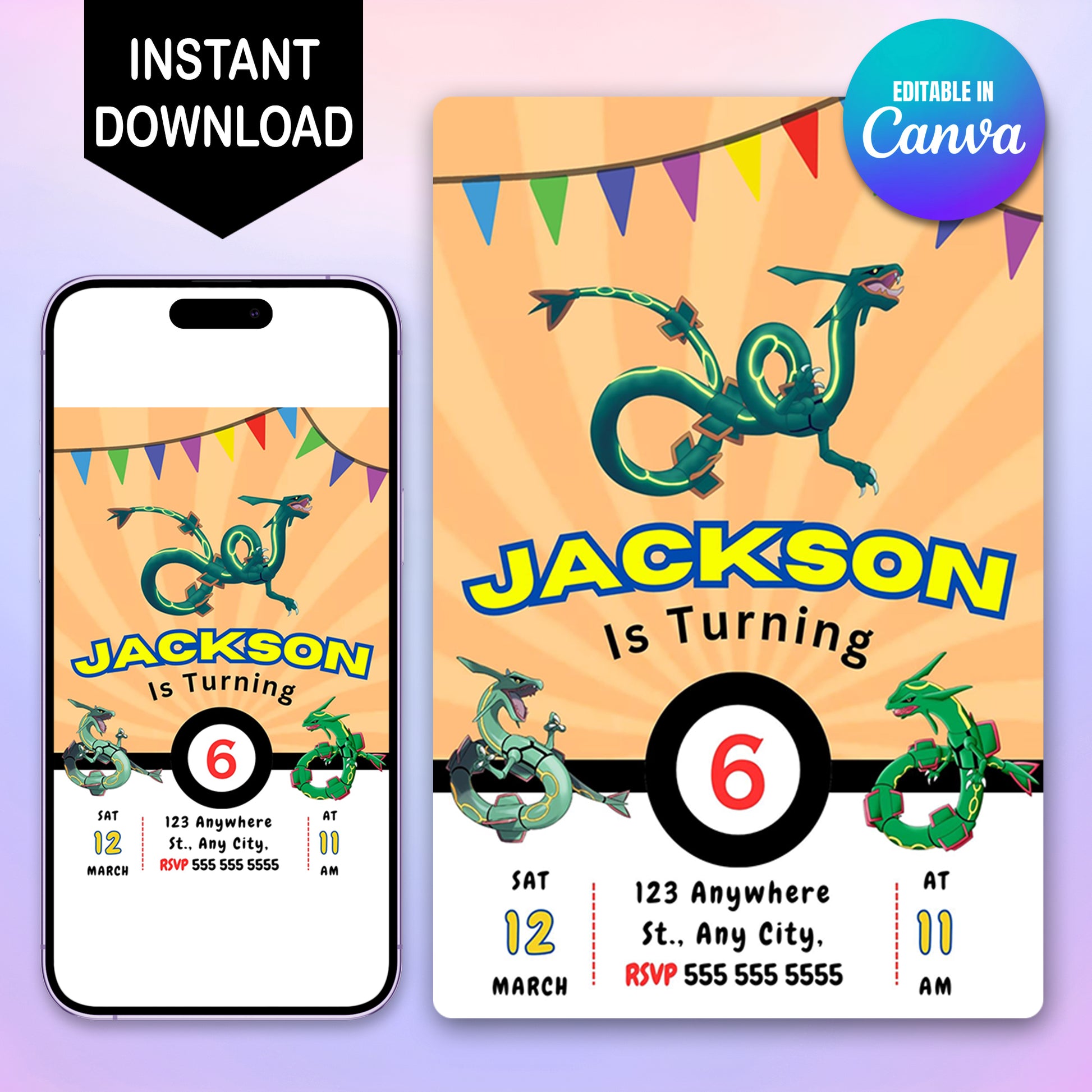Rayquaza Pokemon Birthday Party Invitation Template - CreativeRino