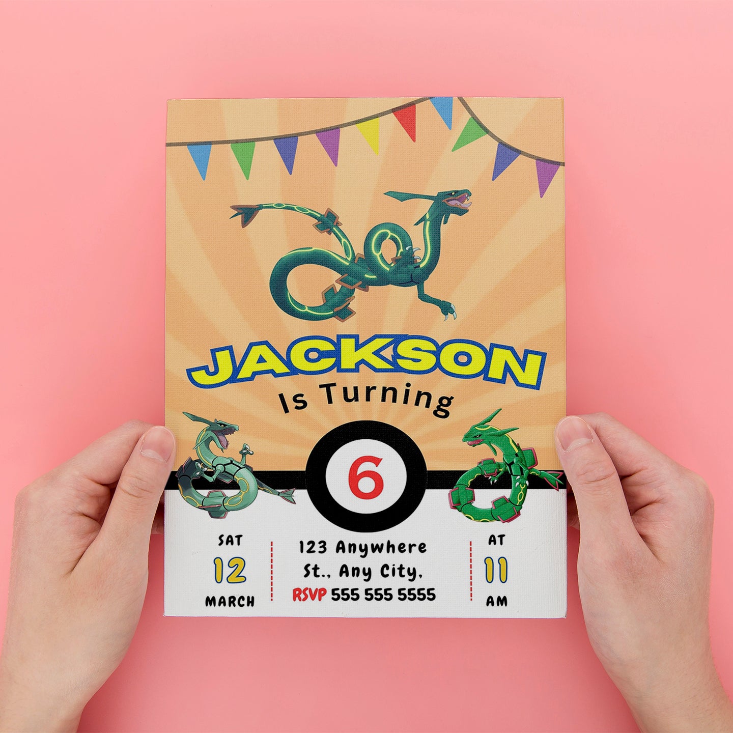 Rayquaza Pokemon Birthday Party Invitation Template - CreativeRino