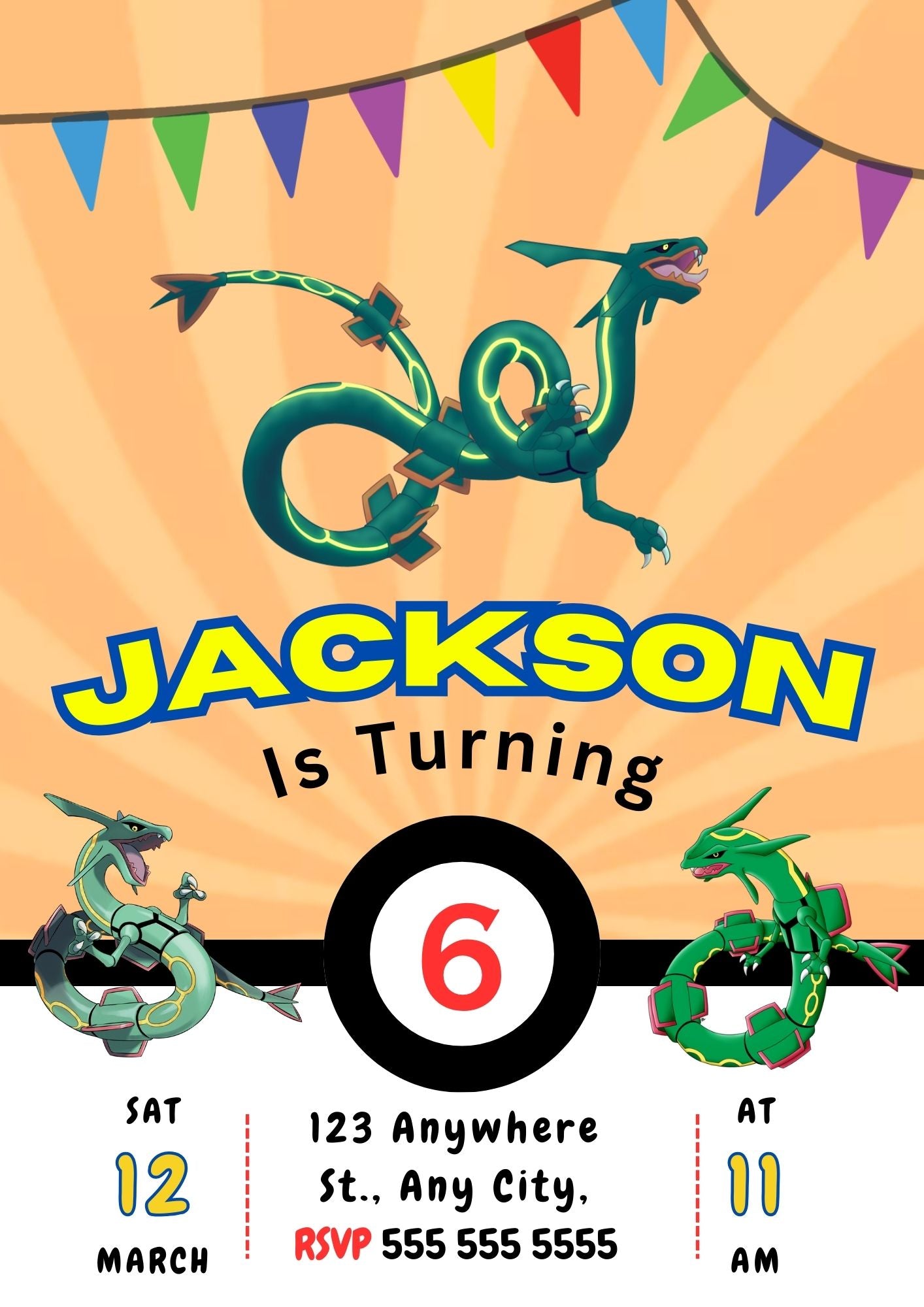 Rayquaza Pokemon Birthday Party Invitation Template - CreativeRino