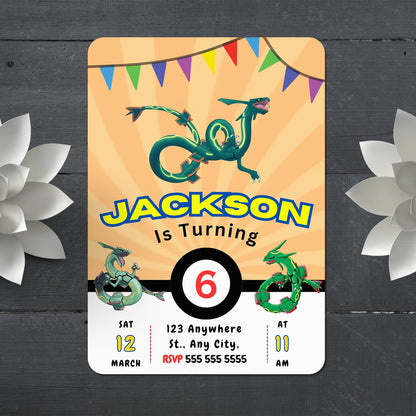 Rayquaza Pokemon Birthday Party Invitation Template - CreativeRino