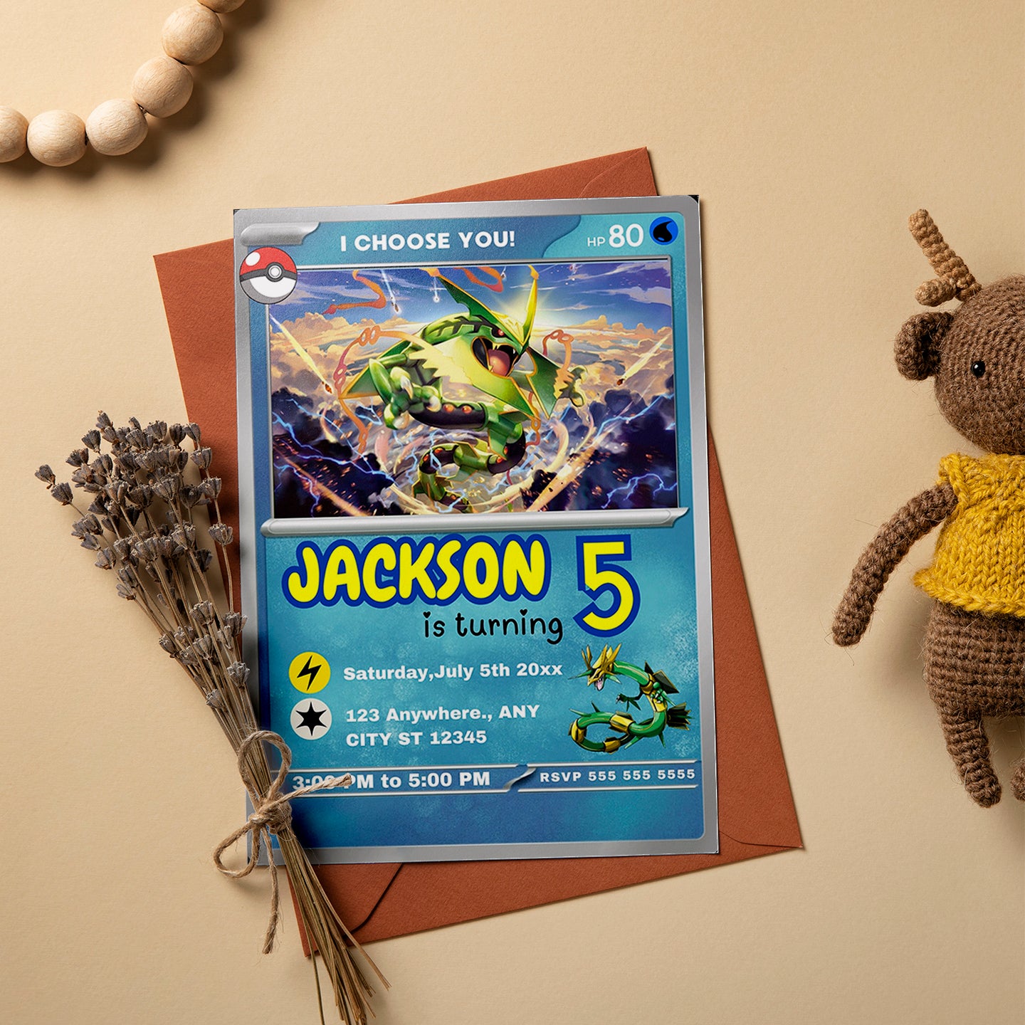 Rayquaza Invitation Template | Pokemon Card Birthday Invite - CreativeRino