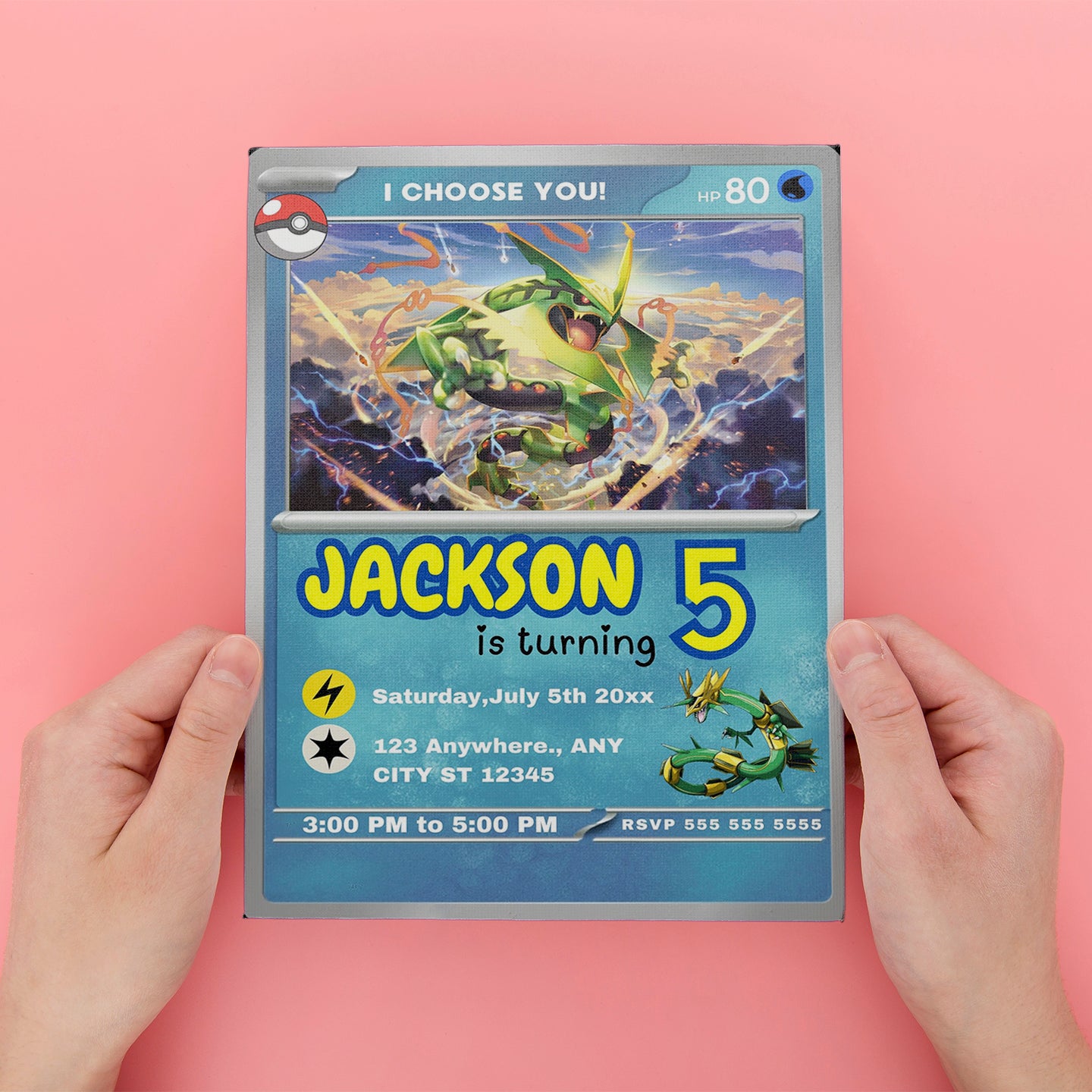 Rayquaza Invitation Template | Pokemon Card Birthday Invite - CreativeRino