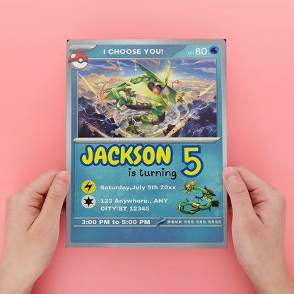 Rayquaza Invitation Template | Pokemon Card Birthday Invite - CreativeRino