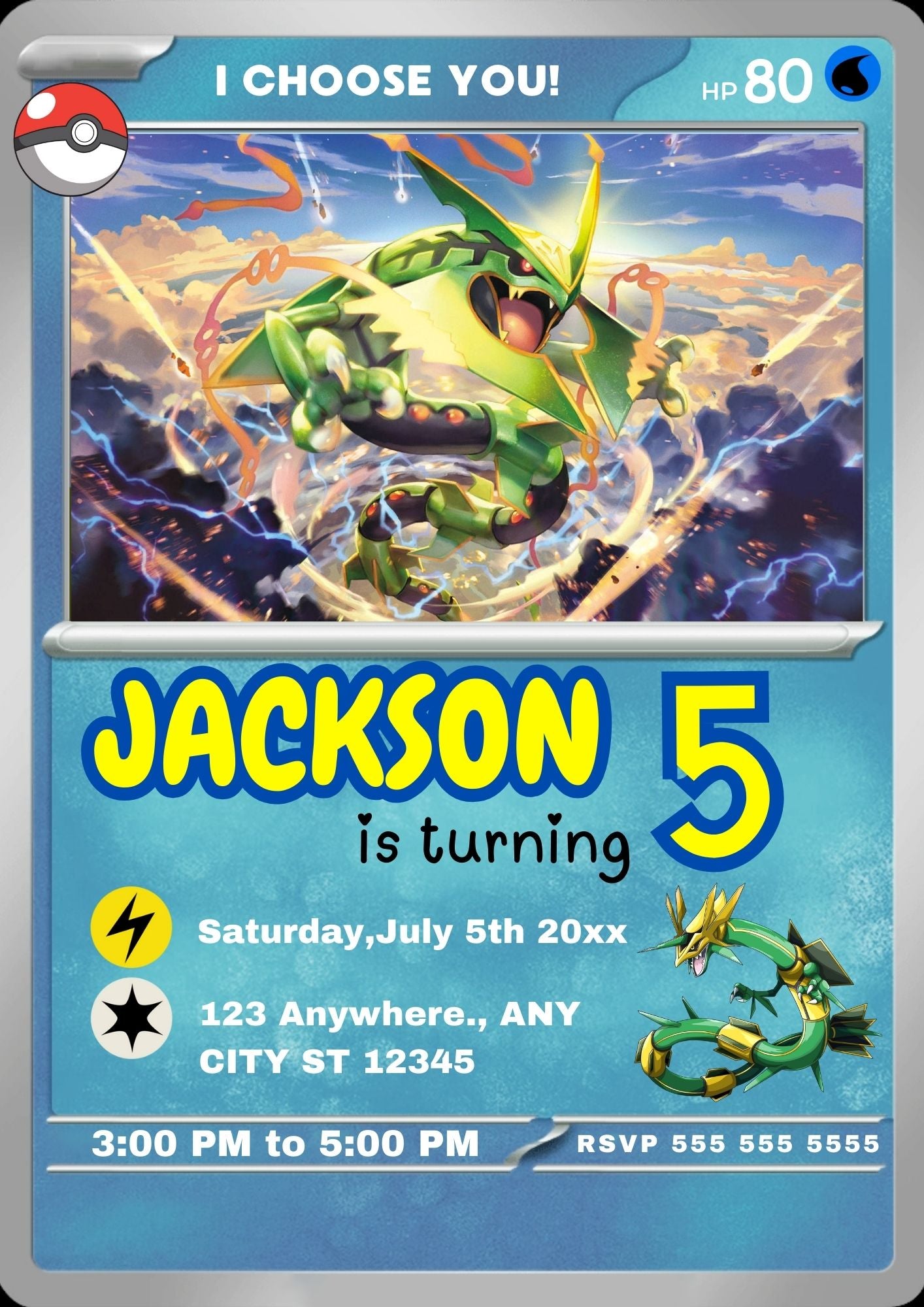 Rayquaza Invitation Template | Pokemon Card Birthday Invite - CreativeRino