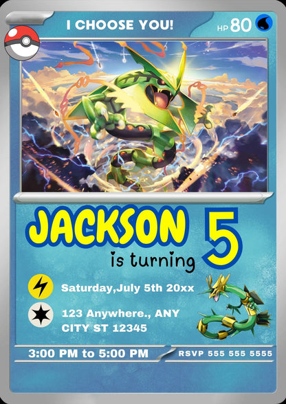 Rayquaza Invitation Template | Pokemon Card Birthday Invite - CreativeRino