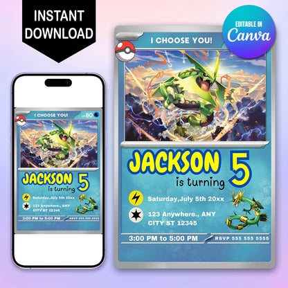 Rayquaza Invitation Template | Pokemon Card Birthday Invite - CreativeRino