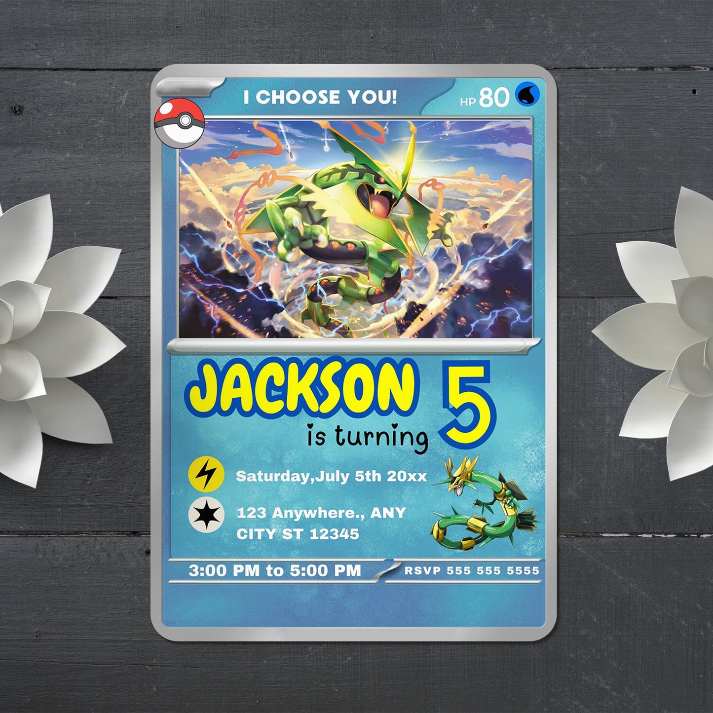Rayquaza Invitation Template | Pokemon Card Birthday Invite - CreativeRino