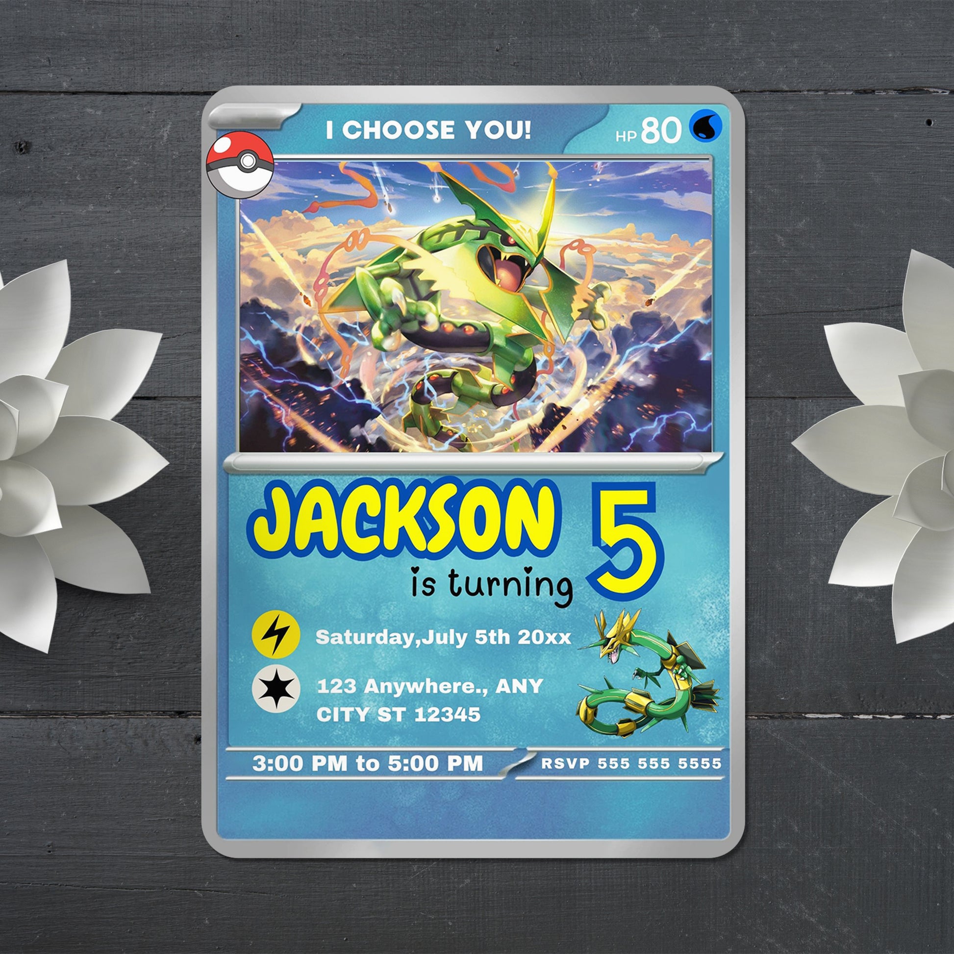 Rayquaza Invitation Template | Pokemon Card Birthday Invite - CreativeRino